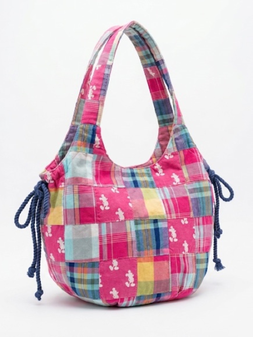 Disney Parks Hobo Bag Mickey Mouse Rope Cinch Plaid Patchwork Pink Multi OS